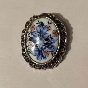 Vintage Blue & Pink Flowers Painted on Oval White Porcelain Brooch Pin Pendant